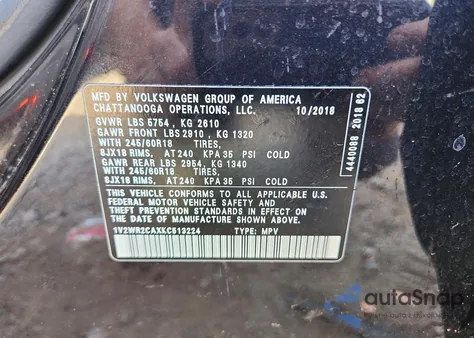 2019 Volkswagen Atlas Se из США, поврежденный, VIN 1V2WR2CAXKC513224